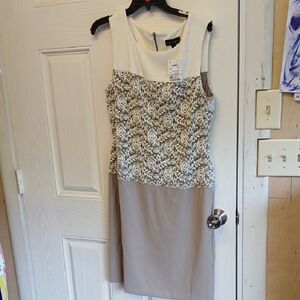 White and Tan Sleeveless Sheath Dress for Work